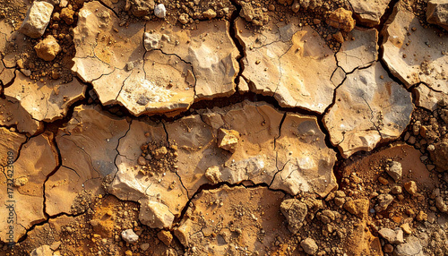 High detail texture of dry soil surface, natural earthy brown color, with cracks and dust