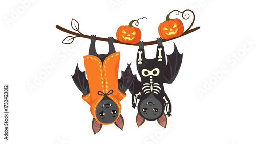 Halloween Bats and Pumpkins: A charming Halloween-themed scene showcasing two cute bat with decorated pumpkins above them, inviting smiles and delightful thrills of the holiday spirit. 