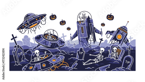 Spooky Spaceships: Halloween Illustration with Spaceships and Skeletons exploring the cosmic realm, featuring flying saucers, jack-o'-lanterns, and eerie graveyard scenes.