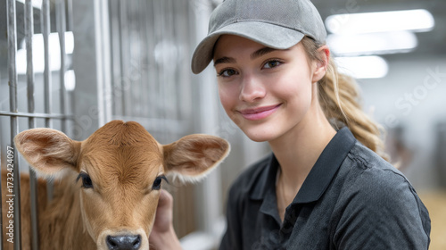 Smiling young woman farmer caring for baby calf on livestock farm. portrait in agriculture showing gentle connection with animal