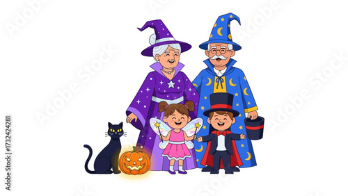 Halloween Family Portrait: A whimsical and heartwarming illustration features a family dressed in Halloween costumes, showcasing the spirit of the holiday.