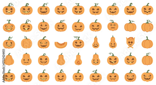 A vibrant collection showcasing the diverse spirit of autumn celebrations through an array of expressive gourds, perfect for festive seasonal designs and spooky holiday projects