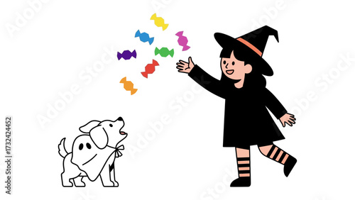 Whimsical Witch and her Ghostly Pup: A child in a witch costume playfully throws colorful candies at her dog dressed as a ghost, against a background creating a sweet, festive scene.