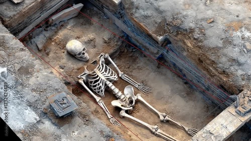 Ancient human skeleton discovered during archaeological excavation, revealing historical burial practices and human remains