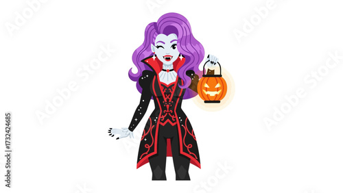 Spooky Costume: An illustrated figure embodying the spirit of Halloween, in an intricate costume and carrying a glowing pumpkin lantern. Capturing the essence of seasonal delight.