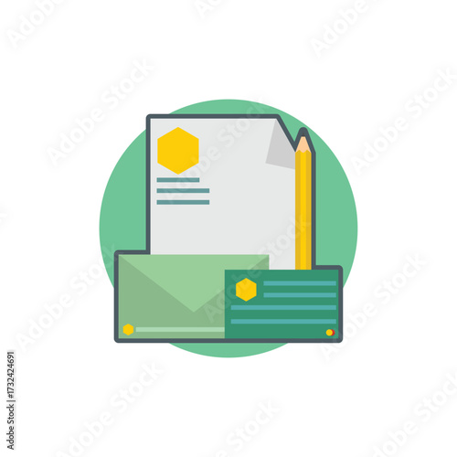 Flat design illustration of stationery items including a letter, envelope, business card, and pencil, symbolizing communication and business isolated on transparent background