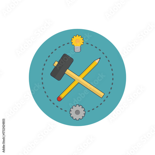 A creative concept icon with a hammer and pencil crossed, symbolizing building ideas and innovation, surrounded by gears and a lightbulb isolated on transparent background