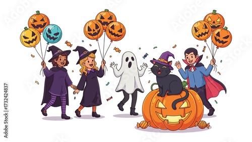 Halloween Fun: A lively illustration of children and a cat dressed in Halloween costumes, joyfully celebrating the spooky season with balloons, creating a cheerful and whimsical atmosphere.