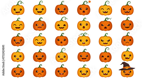 A delightful collection of cute cartoon pumpkin faces with a variety of emotional expressions, perfect for Halloween designs and emoticons