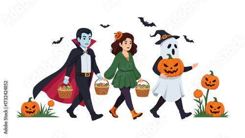 Spooky Parade: Festive figures in costumes and baskets gather for a thrilling Halloween celebration, radiating excitement and glee. 