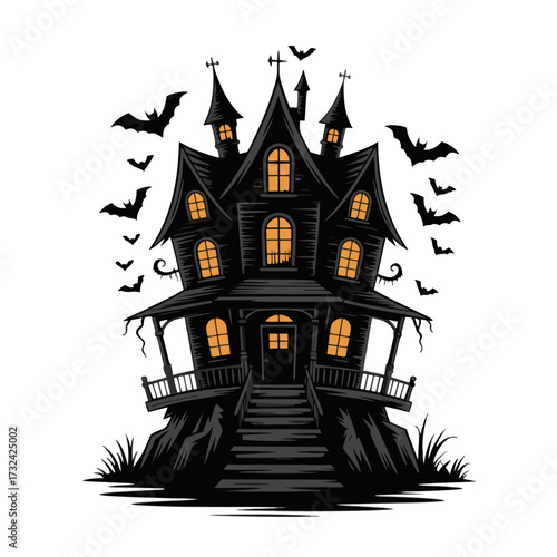 Illustration of spooky haunted house with bats flying around