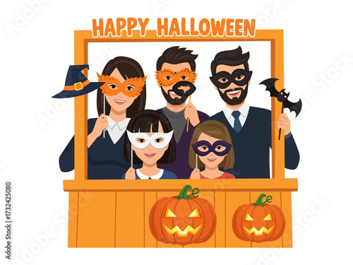 Happy Halloween Celebration: A joyous family embraces the spirit of Halloween, posing with masks, pumpkin and playful props against a warm, festive backdrop. 