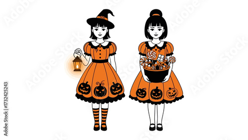 Halloween Costume of Girls: Two young girls dressed in festive costumes, one holding a lantern and the other a bowl filled with treats, bring the spirit of Halloween to life with charm and delight.
