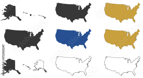 A collection of United States map silhouettes and outlines in various colors. Vector graphic set of the USA country shape for design projects