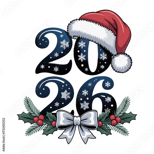 Illustration of stylized numbers 2026 with a santa hat and festive christmas decorations