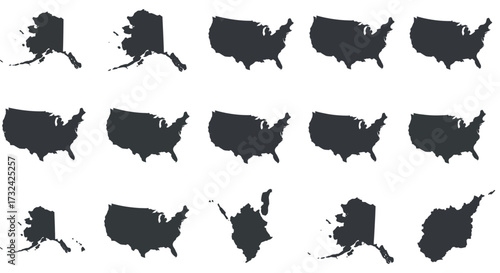 Various dark gray silhouette maps illustrating the geographical outlines of the United States, featuring the contiguous mainland, Alaska, and Hawaii, presented as distinct graphic elements for design