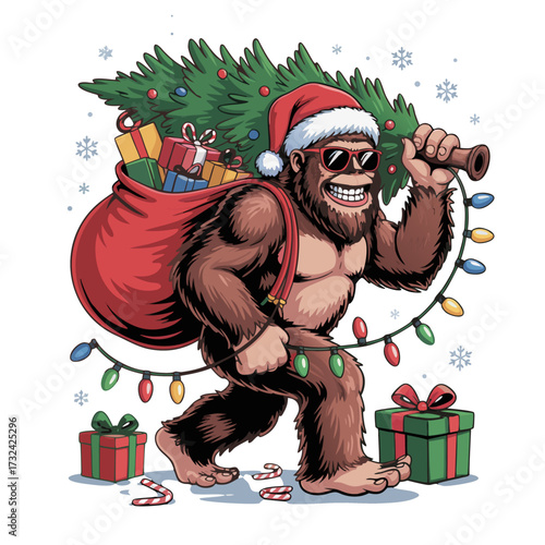 Illustration of bigfoot carrying christmas tree and gifts, wearing santa hat and sunglasses