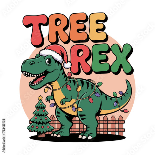 Illustration of funny christmas pun tree rex with a trex dinosaur wearing santa hat and christmas lights