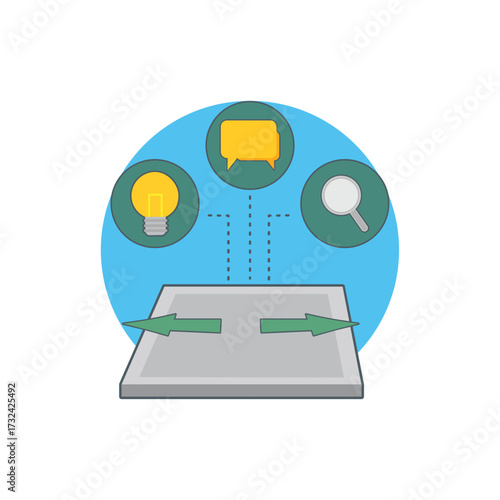 Conceptual illustration of data flow and analysis, showing input, processing, and output with icons for idea, communication, and search isolated on transparent background