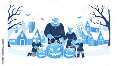 Harvest Festival Family: A whimsical illustration captures a family gathered, meticulously carving jack-o'-lanterns against a backdrop of a quaint village under a moonlit sky.