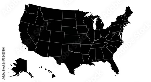 High-quality black silhouette map of the United States of America, showing all 50 states with their borders, including Alaska and Hawaii, isolated on a white background