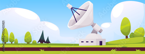 Antenna building with satellite dish in landscape, astronomy discovery equipment vector flat illustration, observatory