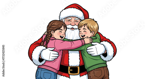 Santa Embracing Children in a Holiday Scene, Illustration, Joyful Atmosphere