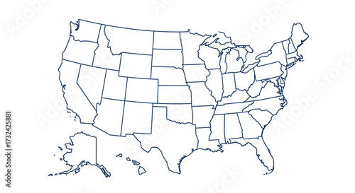 Blue line vector illustration of the USA map showing state borders, a concept for American geography, travel, and cartography