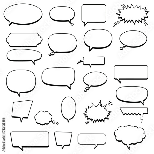 A diverse collection of cute doodle-style speech bubbles with kawaii faces, representing various emotions for communication and dialogue