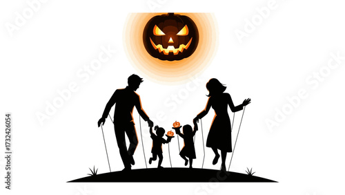 Halloween Silhouette: A family celebrates the festive spirit of Halloween under a carved pumpkin lantern. 