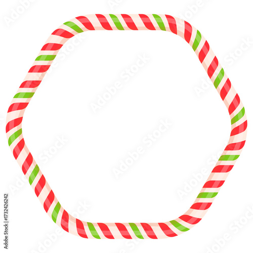 Hexagon candy frame. Christmas sweet decoration. Striped round candy wreath. Vector illustration isolated on white.	