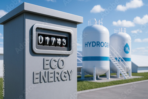 Eco energy meter display in front of hydrogen storage tanks at clean fuel facility conveying sustainable power and environmental innovation