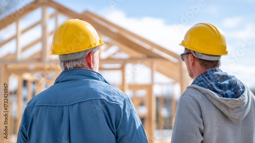 Two Construction Workers in Hard Hats Overseeing a Wooden Structure. house building, lumber construction, eco housing, real estate development, eco construction, timber engineering concept