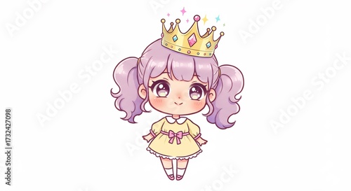 Adorable niña princesa chibi con cabello morado y corona dorada brillando dulcemente un estilo kawaii vibrante