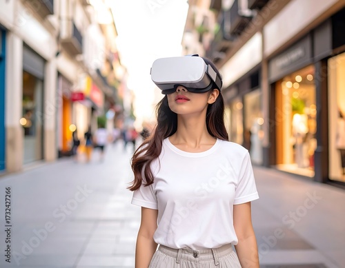 Woman wearing VR headset on city street (1)