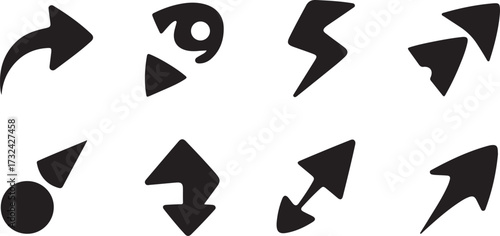 Collection of Eight Black Silhouette Arrows and Symbols on White Background icon direction