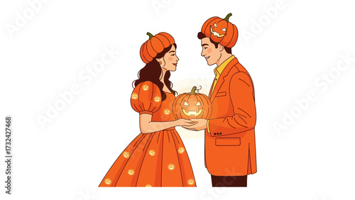 Halloween Couple with Glowing Pumpkin: A charming couple in festive Halloween attire holds a glowing jack-o'-lantern, creating a heartwarming scene of spooky season romance.