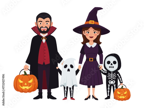 Spooky Family: A family dressed in Halloween costumes, preparing for trick or treat in a cartoon illustration.