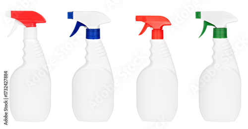 Foto Set of cleaning products with dispensers isolated on white background