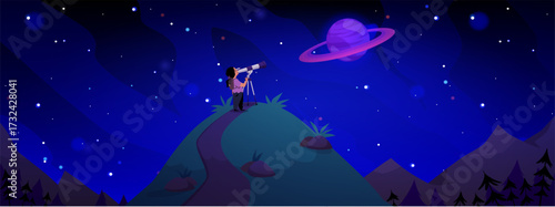 Kid watching space stars and planets in telescope, Astronomy discovery, vector cartoon mountains, night sky with Saturn