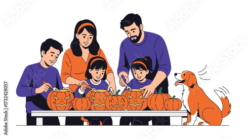 Family Carving Pumpkins: Family of five, with mom, dad, son, daughter, and even the dog, excitedly carving pumpkin jack-o'-lanterns for seasonal Halloween fun.