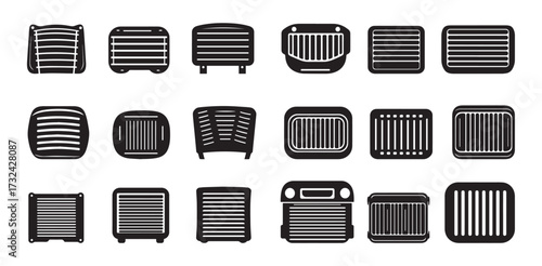 Car Radiator Icon Set – Automotive Cooling System Vector. Vehicle Radiator Vector Set, Auto Parts and Engine Symbols.