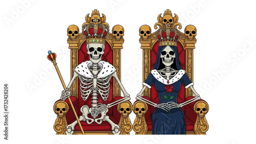Skeletal Royalty on Thrones: A regal pair of skeletons, adorned in crowns and seated upon ornate thrones, exude an air of authority. Depicting the symbols of royalty, the illustration tells of power.