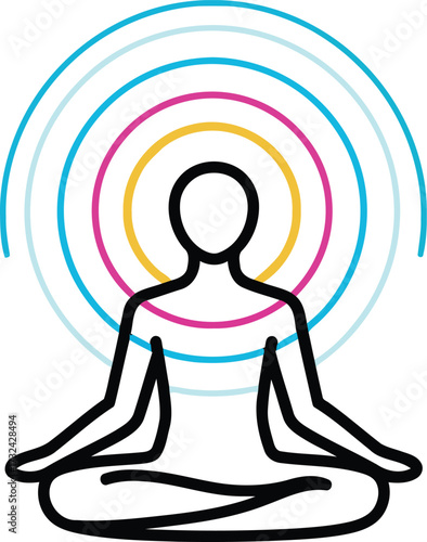 Vector illustration of a meditating person silhouette with radiating circles, symbolizing inner peace and spiritual enlightenment