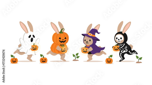 Halloween Bunny Parade: A whimsical Halloween parade featuring four adorable bunnies in creative costumes, each holding a pumpkin, ready for trick-or-treating!