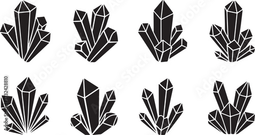 Eight black and white crystal cluster icons with outlined facets on white background gemstone mineral