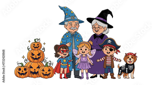 Spooky Halloween Family Gathering: A delightful illustration showcasing a multigenerational family adorned in whimsical Halloween costumes, radiating festive cheer and joyful togetherness.