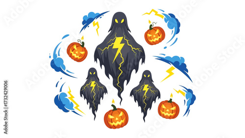 Spooky Halloween Elements: A vibrant and eerie illustration features several ghost figures and carved pumpkins, showcasing iconic imagery. 