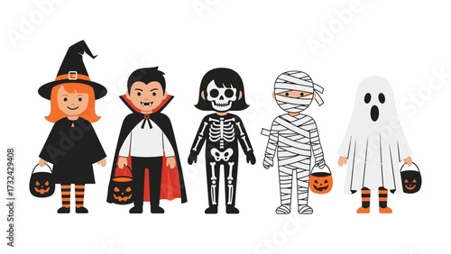 Happy Halloween Kids Costume: A joyful array of children dressed in classic Halloween costumes, ready for trick-or-treating. Capture the spooky yet charming atmosphere of the Halloween holiday.