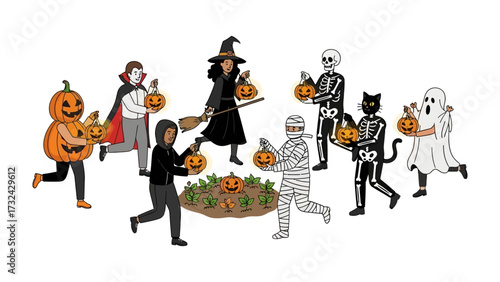 Halloween characters Illustration: Halloween character gather to celebration day with fun party event and happy emotion in illustration style.